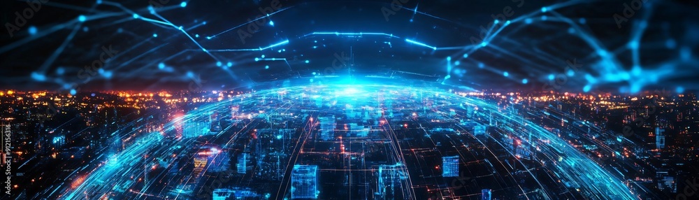A futuristic cityscape highlighted by glowing data connections and vibrant technology elements, symbolizing innovation and progress. A futuristic cityscape highlighted by glowing data connections and vibrant technology elements, symbolizing innovation and progress.