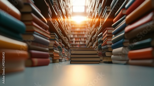 Sunlight streaming through a quiet library aisle filled with stacked books. photo