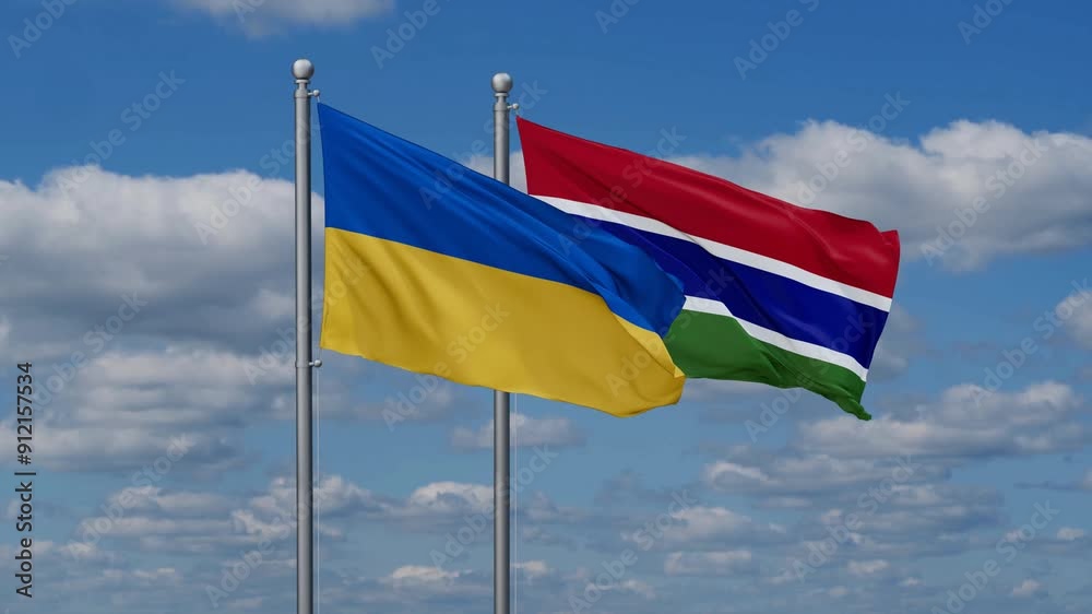 Gambia and Ukraine flags flying together, video concept of the relationship, two country relations concept Gambia and Ukraine flags flying together, video concept of the relationship, two country relations concept