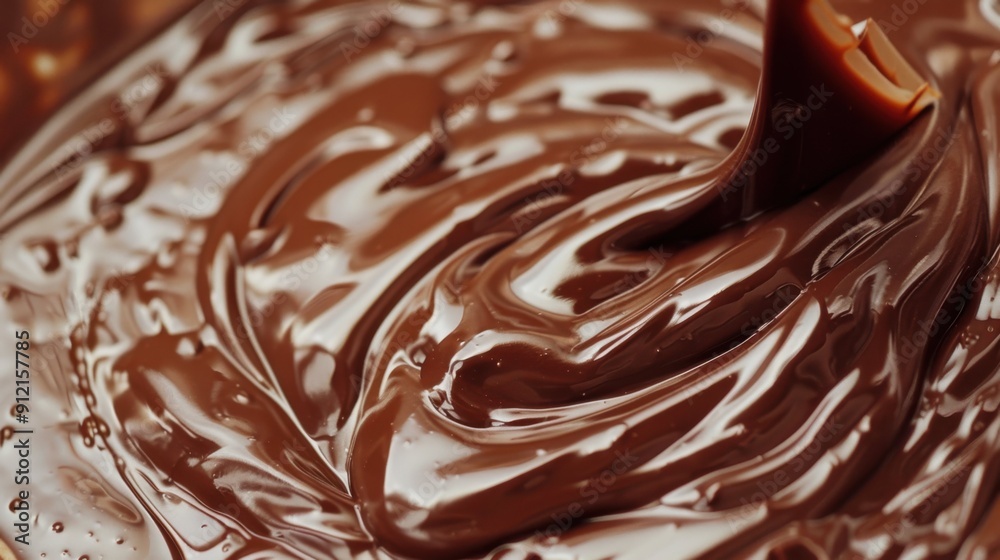 A person stirs smooth, melted chocolate in a bowl, creating a glossy texture ideal for desserts or confections A person stirs smooth, melted chocolate in a bowl, creating a glossy texture ideal for desserts or confections