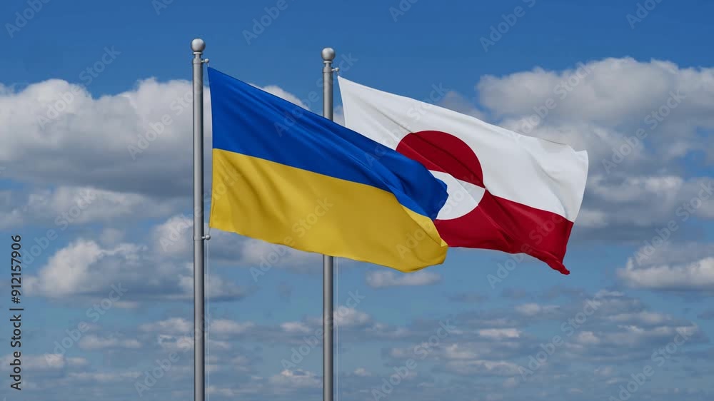 Greenland and Ukraine flags flying together, video concept of the relationship, two country relations concept Greenland and Ukraine flags flying together, video concept of the relationship, two country relations concept