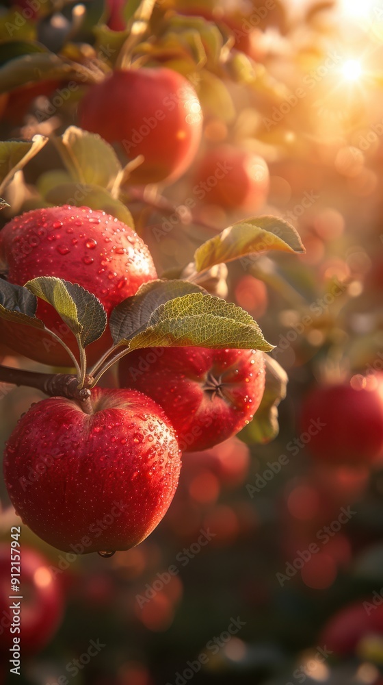 Red apples on a tree at sunset with a rustic rural fuzzy background Red apples on a tree at sunset with a rustic rural fuzzy background