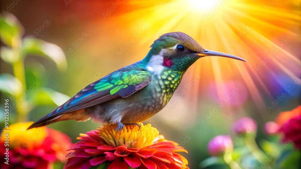 A Symphony of Feathers: A vibrant hummingbird perched on a blooming flower, its iridescent plumage shimmering in the sunlight generative AI A Symphony of Feathers: A vibrant hummingbird perched on a blooming flower, its iridescent plumage shimmering in the sunlight generative AI