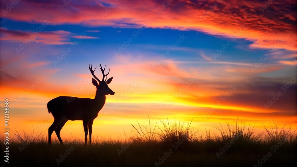 A Dramatic Silhouette of a Muntjac Deer in a Fiery Sunset Generative AI A Dramatic Silhouette of a Muntjac Deer in a Fiery Sunset Generative AI