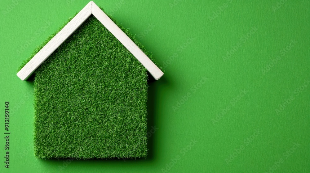 A creative depiction of a house silhouette made from lush green grass, symbolizing eco-friendly living and sustainability.
