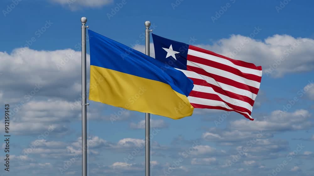 Liberia and Ukraine flags flying together, video concept of the relationship, two country cooperation concept Liberia and Ukraine flags flying together, video concept of the relationship, two country cooperation concept