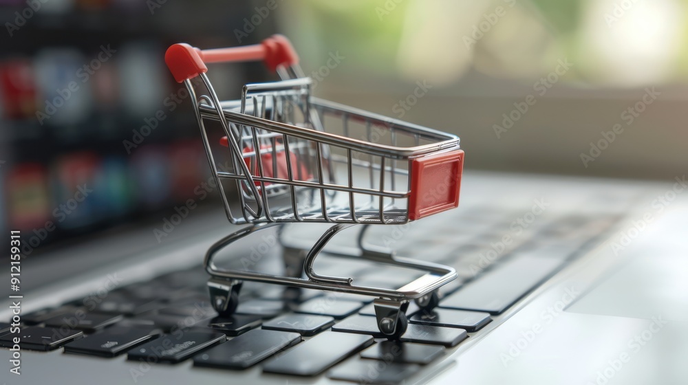 Online shopping concept with laptop and mini cart on blurry bright background Online shopping concept with laptop and mini cart on blurry bright background