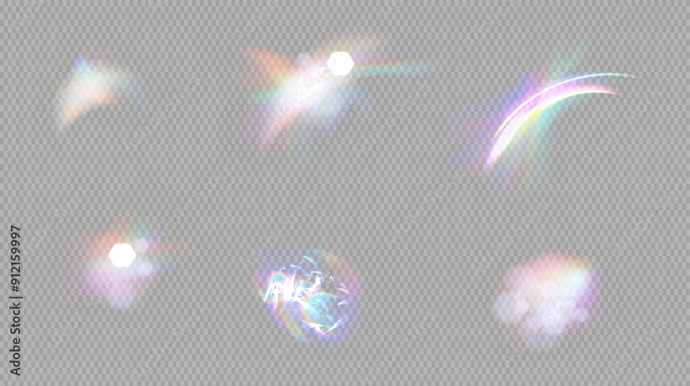Rainbow reflection Light Prism Flare Overlay effect on light background. Cristal flare leak shadow overlay Hologram glass dispersion. Transparent Mesh gradient Vector illustration