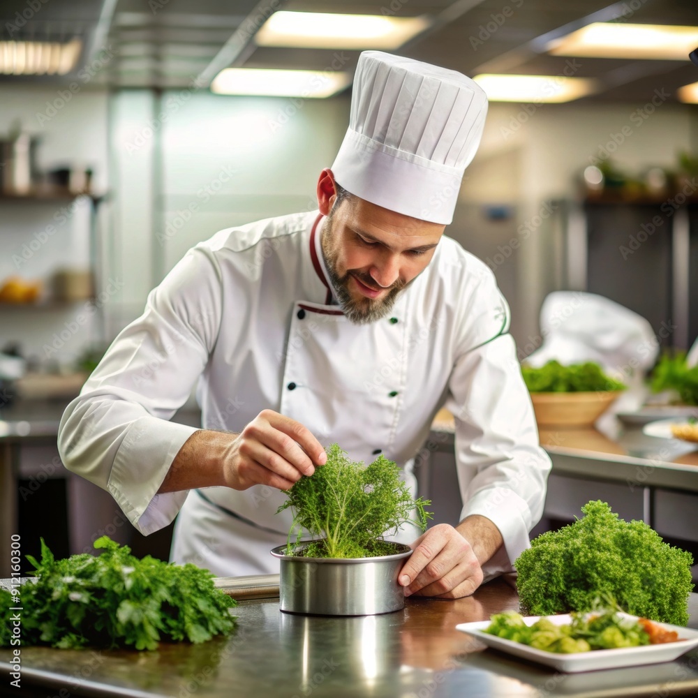 A chef preparing herbs in a professional kitchen, showcasing culinary expertise and skillful cooking techniques in a well-equipped, high-end environment. A chef preparing herbs in a professional kitchen, showcasing culinary expertise and skillful cooking techniques in a well-equipped, high-end environment.