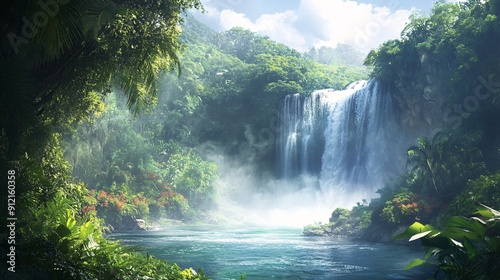 Fototapeta Naklejka Na Ścianę i Meble -  Majestic waterfall in a dense jungle with misty air and vibrant greenery