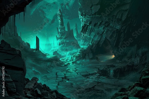 A mysterious cave entrance illuminated by an eerie green glow in a rocky landscape photo
