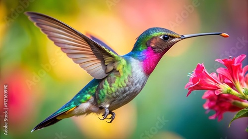 Vibrant Hummingbird in a Garden of Flowers  Generative AI photo