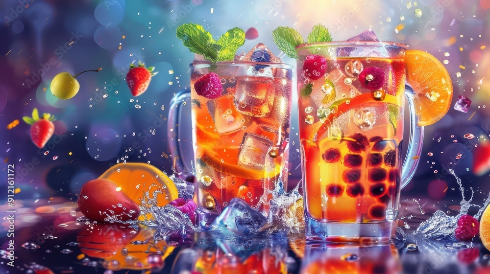 Refreshing summer fruit drinks on a colorful blurred background Refreshing summer fruit drinks on a colorful blurred background