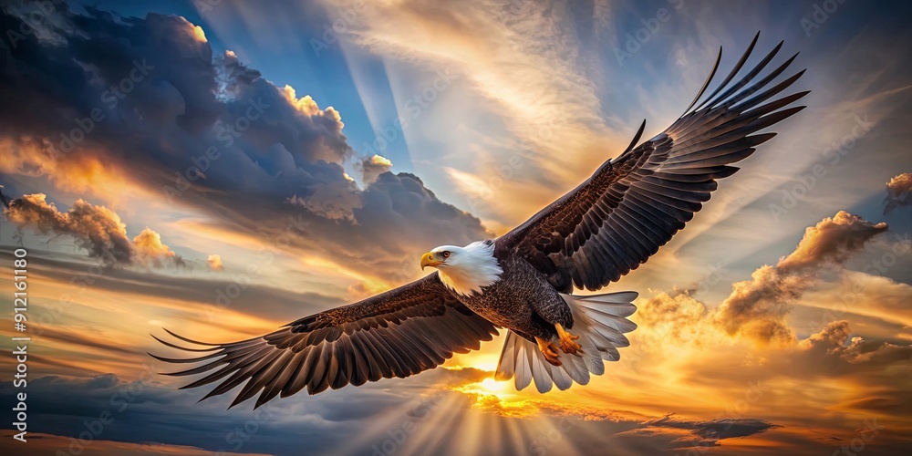 Fototapeta premium Majestic eagle soaring with outstretched wings, bird, predator, wildlife, powerful, majestic, flying, freedom, feathers