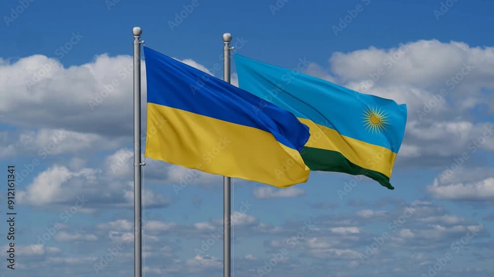 Republic of Rwanda and Ukraine flags flying together, video concept of the relationship, two country cooperation concept Republic of Rwanda and Ukraine flags flying together, video concept of the relationship, two country cooperation concept