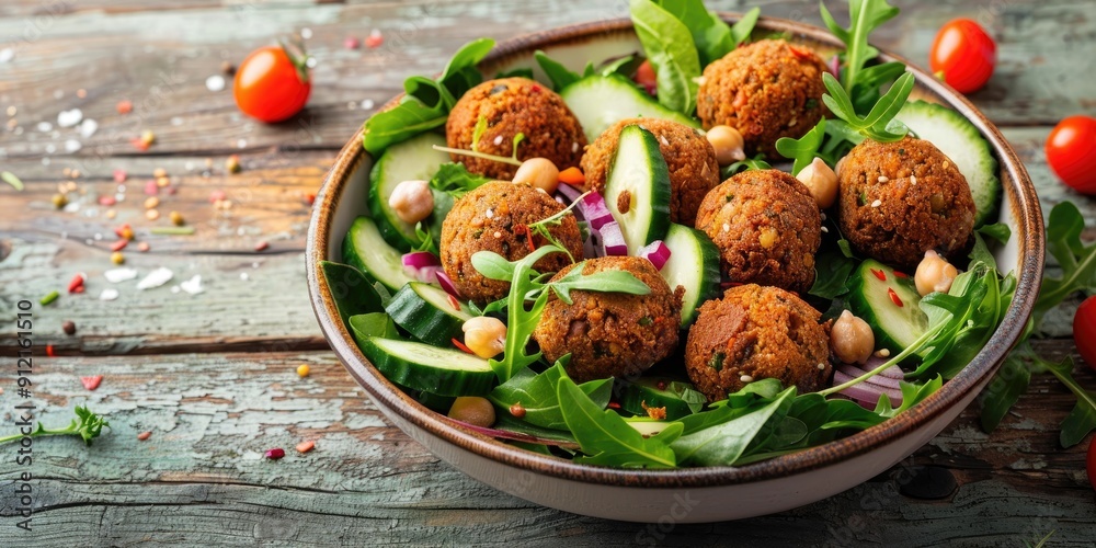 Fresh green salad with chickpea falafel in a bowl on a rustic wooden counter