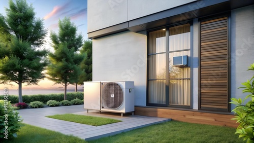 Sleek and Modern Heat Pump Integrated into a Contemporary Home generative AI