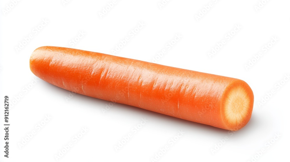 Fresh carrot split lengthwise, showcasing the bright orange core and smooth outer skin. Isolated on a crisp white background Fresh carrot split lengthwise, showcasing the bright orange core and smooth outer skin. Isolated on a crisp white background