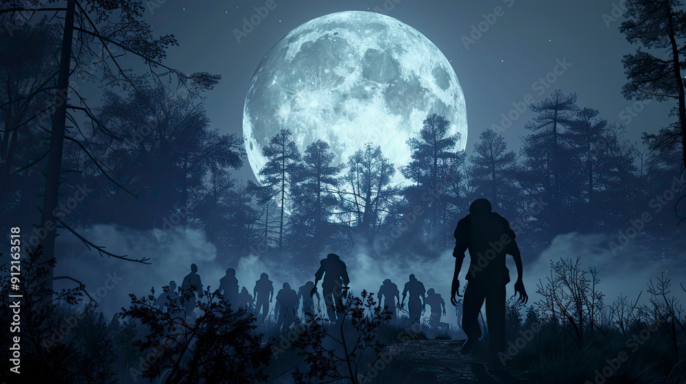 Silhouette of zombies in the forest at night with full moon. Silhouette of zombies in the forest at night with full moon.