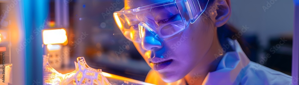 Scientist working in a laboratory analyzing samples under blue light, wearing safety goggles and lab coat. Scientist working in a laboratory analyzing samples under blue light, wearing safety goggles and lab coat.