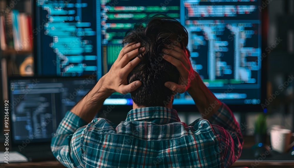 Stressed programmer sitting at a desk in front of multiple screens filled with code, holding his head in frustration while debugging. Stressed programmer sitting at a desk in front of multiple screens filled with code, holding his head in frustration while debugging.