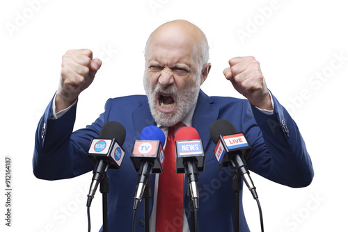 Party leader giving a speech at the press conference