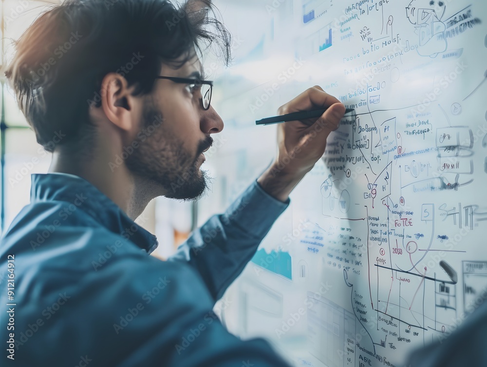 Young professional writing on a whiteboard. Concept and project planning in a modern office environment. Focus and creativity. Young professional writing on a whiteboard. Concept and project planning in a modern office environment. Focus and creativity.