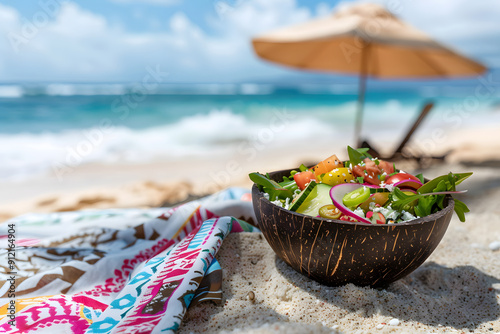 Fototapeta Naklejka Na Ścianę i Meble -  A bowl of salad is on a beach next to a colorful blanket