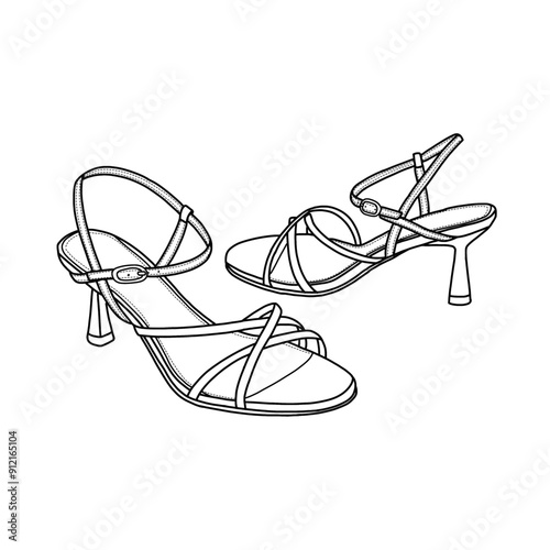 Template vector ankle strap high heel shoes with buckle, suitable for your custom kitten heels design. Outline vector doodle illustration, front, back, and side views
