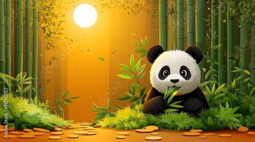 Cute Panda Bear Eating Bamboo in a Forest