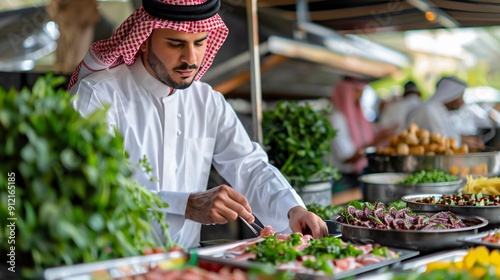 Fototapeta Naklejka Na Ścianę i Meble -  Arab Man Arranging Food at a Buffet