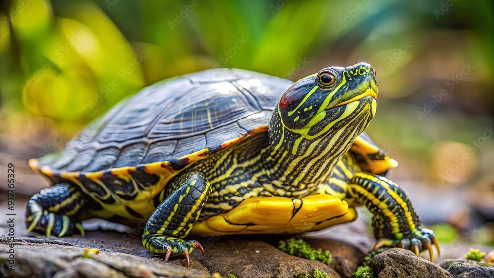 European pond turtle with distinctive yellow and green markings on its shell, Emys orbicularis, pond turtle, European turtle European pond turtle with distinctive yellow and green markings on its shell, Emys orbicularis, pond turtle, European turtle