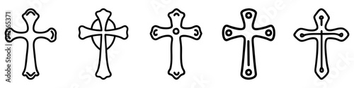 Christian cross icons set. Simple drawn line art icon of a christian cross symbolizing faith and religious beliefs. Vector illustration