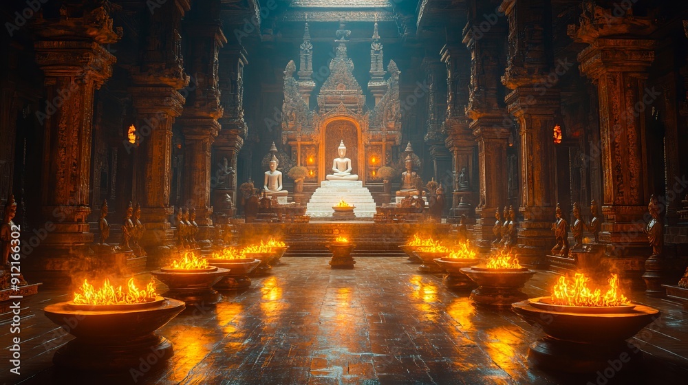 A buddha statue in the middle of a temple surrounded by fire
