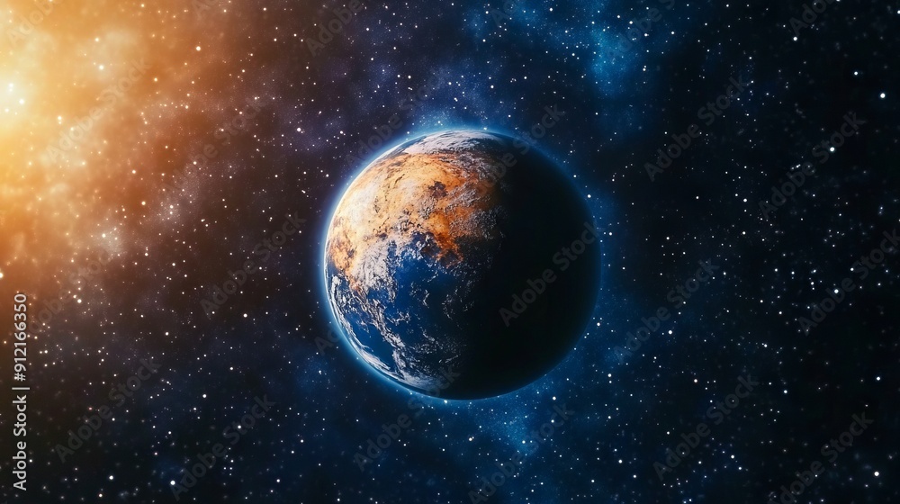 A view of the earth in space with stars and nebula