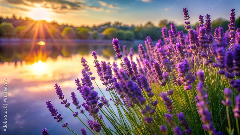 Naklejka premium Whispers of Lavender by the Tranquil Lake Generative AI