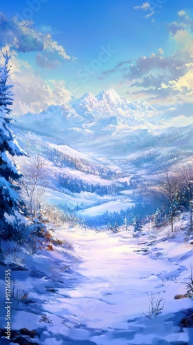 Frosty Realm: A High-Detail Hand-Drawn Vision of Natural Tranquility Amidst a Snowstorm-Swept Landscape, Enveloped in Season's Clarity and the Cozy Warmth of an Enchanting Spell in Anime Style. photo