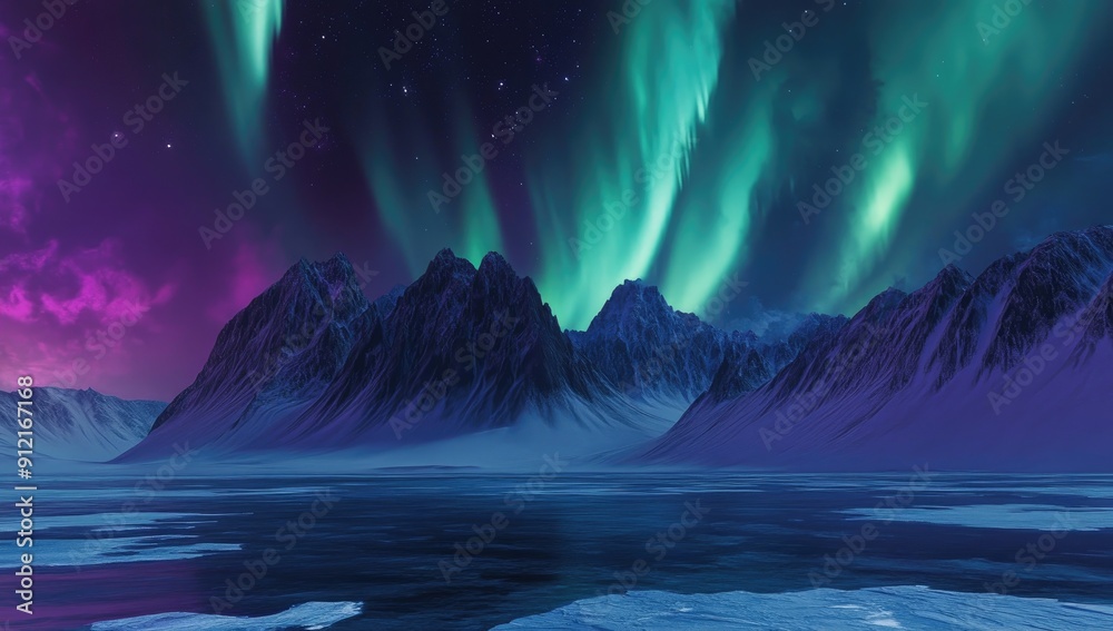 Naklejka premium Stunning Display of Northern Lights Illuminating the Polar Night Landscape in Winter