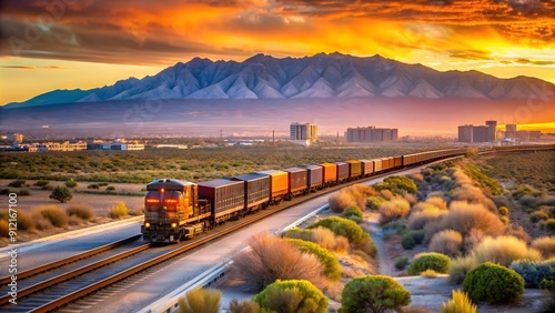 A Majestic BNSF Freight Train Against the Vibrant Albuquerque Sunset  AI generated photo