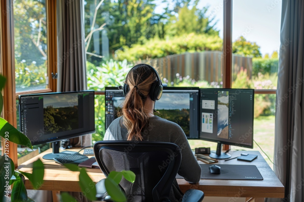woman working on computer at home, home work concept 