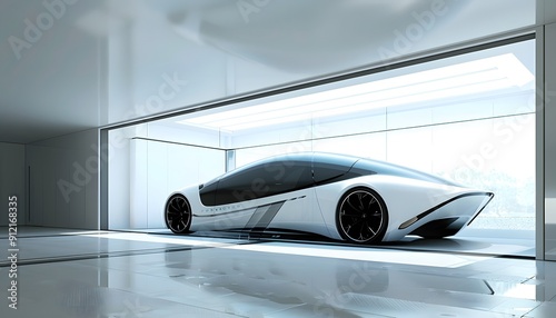 Futuristic sleek white electric car in a modern minimalist garage with glass walls and reflective floors, exuding luxury and innovation.