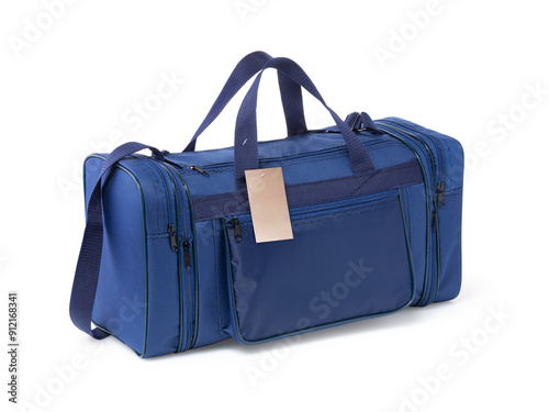 Textile travel bag of blue color isolated on white background photo