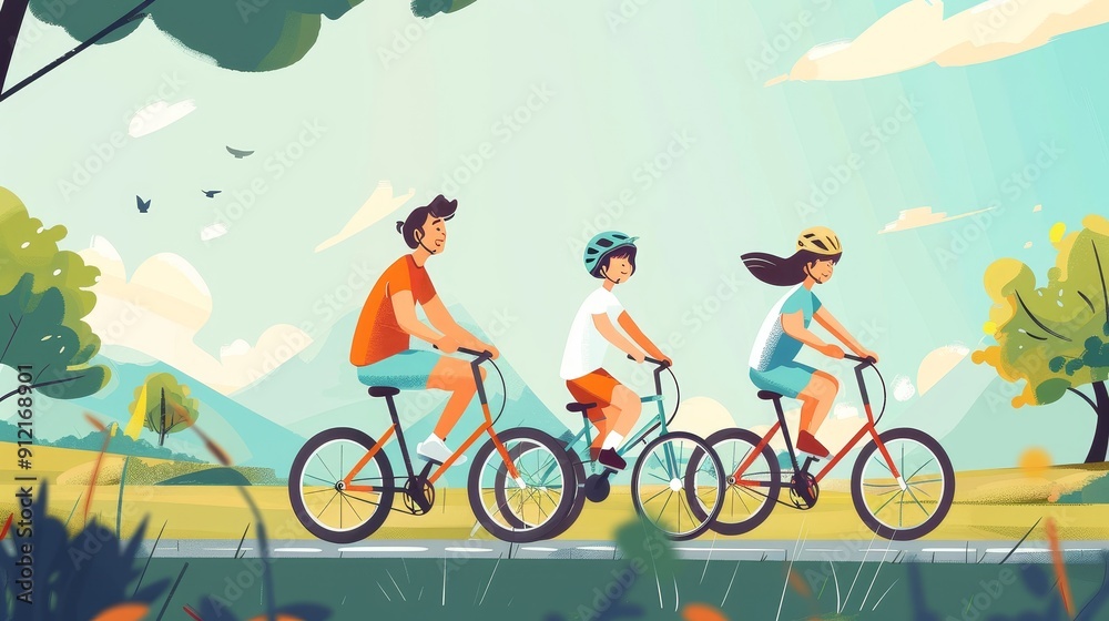 Happy Family Cycling Adventure in the Countryside - A family of three enjoys a leisurely bike ride through a picturesque countryside setting, symbolizing  togetherness, outdoor recreation, healthy lif