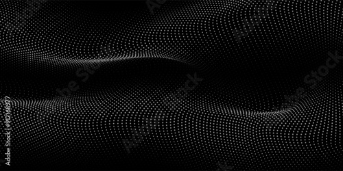 Flowing dots particles wave pattern 3D curve halftone gradient curve shape isolated on black background. Vector in concept of technology, science, music, modern.