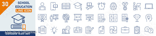 Education line icon set. Set of 30 outline icons related to school subjects, supplies, and online learning. School education outline icons collection. Editable stroke. Vector illustration.