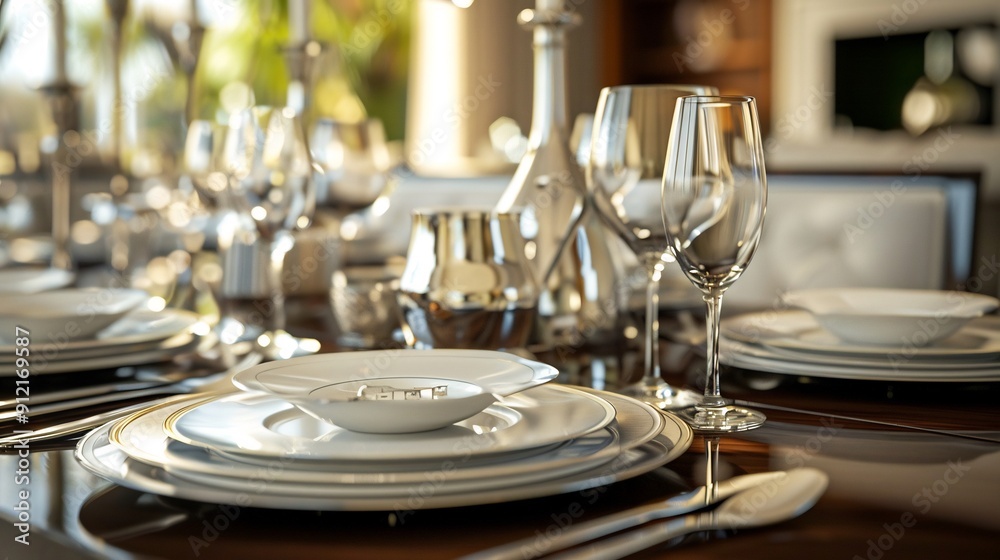 Fototapeta premium Elegant and beautiful dining table arrangements placed on a luxurious table,
