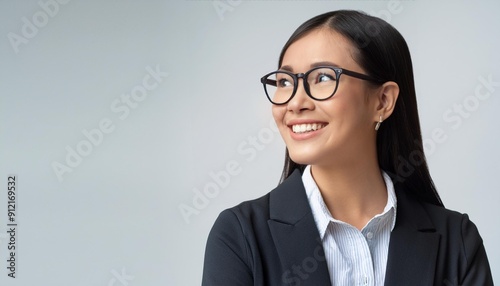  Young happy cheerful professional business woman, happy laughing female office worker wearing glasses looking away at copy space advertising job opportunities or good business services