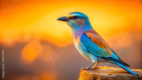 Golden Hour Majesty: A European Roller Bathed in Sunset Hues  AI generated
