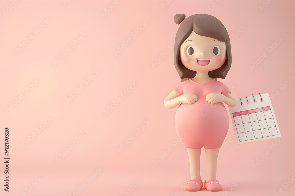 Cute 3D Chibi Pregnant Woman Holding Calendar Second Trimester with Baby Bump on Plain Background Cute 3D Chibi Pregnant Woman Holding Calendar Second Trimester with Baby Bump on Plain Background