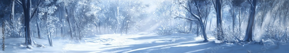 Fototapeta premium Frosty Tranquility: A High-Fidelity Hand-Drawn Illustration of Nature's Peace in a Snowy Environment, Capturing the Season's Charm with Unique Comfort in Anime Style.